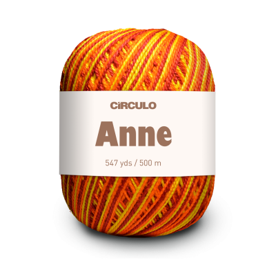 Rolo de linha multicolorido amarelo, laranja e vermelho com etiqueta CÍRCULO Anne.