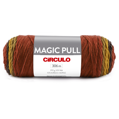 Novelo de fio acrílico multicolorido com etiqueta MAGIC PULL CÍRCULO