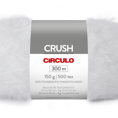 Novelo de lã branca com rótulo cinzento e branco com texto CRUSH, CIRCULO, 300 m, 150 g | 500 tex