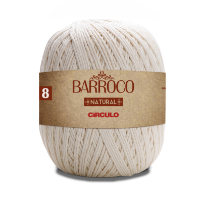 Novelo de fio natural branco Barroco com etiquetas castanhas e texto em destaque.