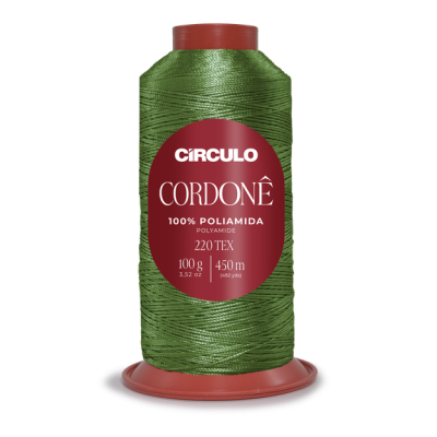 Cone de linha verde Círculo Cordonê com rótulo vermelho