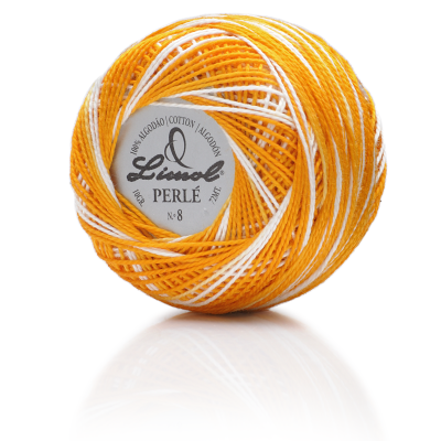 Novelo de fio amarelo e branco Limol Perlé 100% algodão
