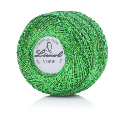 Rolo de linha verde brilhante Limol com etiqueta branca.