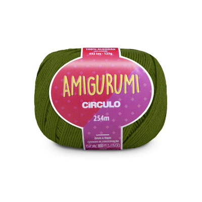 Novelo de fio Amigurumi verde escuro Círculo com etiqueta rosa