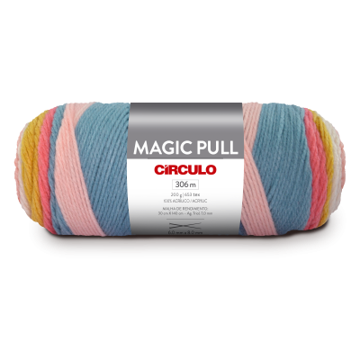 Novelo de lã multicolorida com etiqueta MAGIC PULL CIRCULO