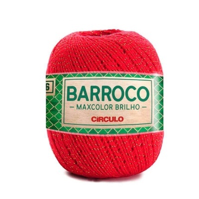 Novelo de fio vermelho com brilho e rótulo verde