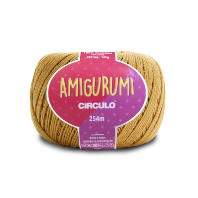 Novelo de fio Amigurumi Círculo castanho com etiqueta roxa e rosa