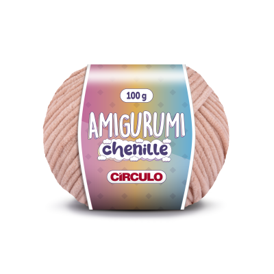 Novelo de lã chenille rosa claro com etiqueta colorida e texto