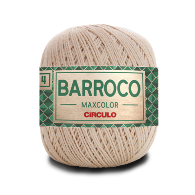 Novelo de fio de algodão bege com etiqueta verde e dourada