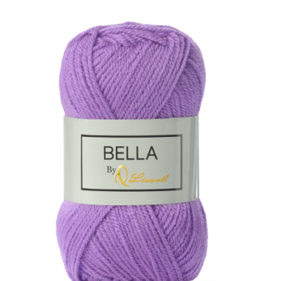 Novelo de lã lilás com etiqueta branca e texto preto e dourado