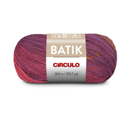 Novelo de fio batik Círculo em tons roxo, vermelho e castanho com etiqueta