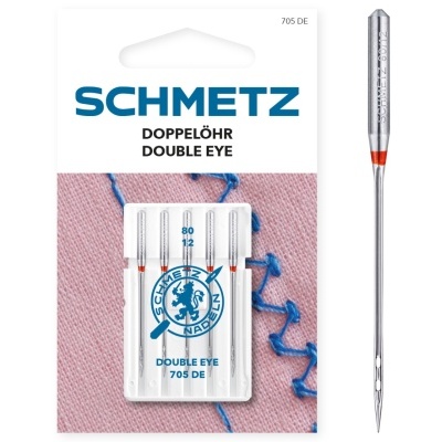 Embalagem de agulhas SCHMETZ DOPPELOHR DOUBLE EYE 705 DE com agulha detalhada à direita