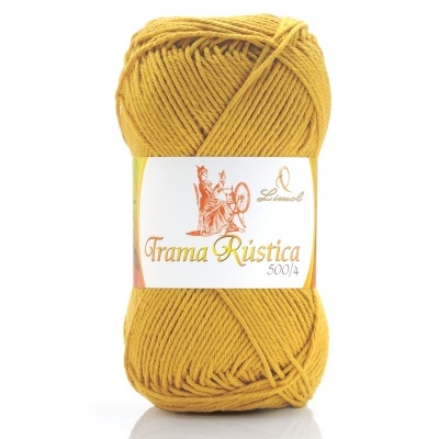 Novelo de fio de lã amarelo com etiqueta Trama Rústica