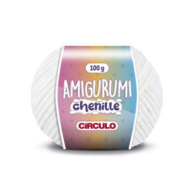 Novelo de fio chenille branco com etiqueta colorida AMIGURUMI