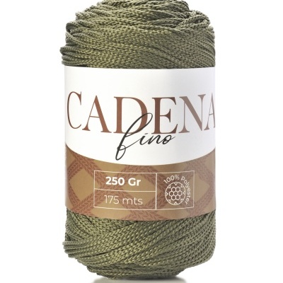 Novelo de fio verde oliva com rótulo CADENA fino 250 Gr 175 mts