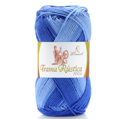 Novelo de fio azul com etiqueta Trama Rústica 500/4