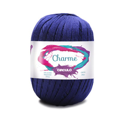 Novelo de fio de algodão azul escuro com rótulo branco e colorido