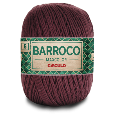 Novelo de fio bordô com rótulo verde e bege da marca Barroco Maxcolor Círculo