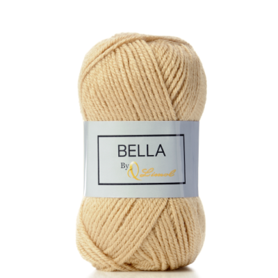 Novelo de lã bege com rótulo 'BELLA By Q Lanasol'