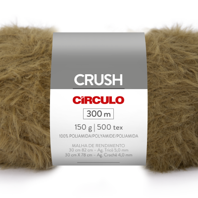 Novelo de fio peludo castanho com etiqueta cinza e branca