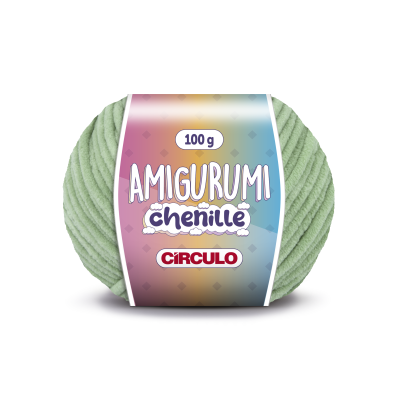 Novelo de fio chenille verde claro com etiqueta colorida Amigurumi