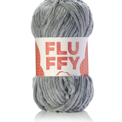 Novelo de lã cinzenta grossa tipo chenille com etiqueta FLUFFY