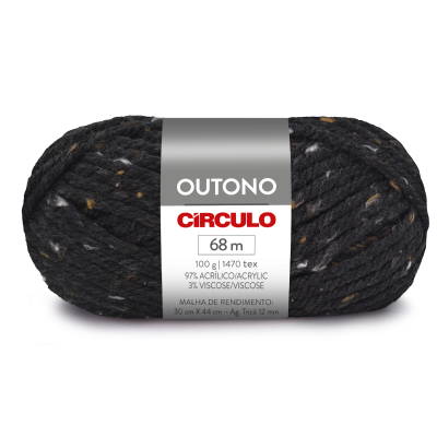 Novelo de lã preta com pontos coloridos e etiqueta Círculo Outono