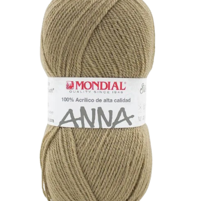 Novelo de lã acrílica castanha clara com etiqueta MONDIAL