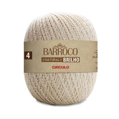 Barbante Barroco Natural Brilho branco com fios dourados e etiqueta castanha.