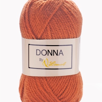 Novelo de lã laranja com etiqueta DONNA de fundo branco
