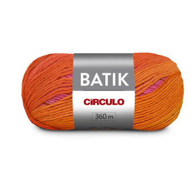 Novelo de lã multicolorida em tons de laranja e rosa com etiqueta prateada