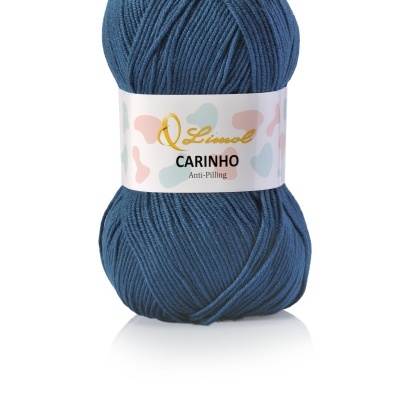 Novelo de lã azul escuro com etiqueta da marca Linvel e texto 