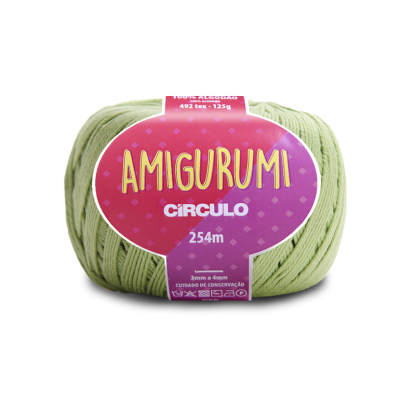 Novelo de fio Amigurumi Circulo verde claro com rótulo roxo e rosa