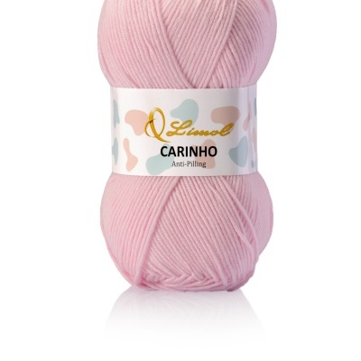 Novelo de lã cor-de-rosa com etiqueta estampada e texto Limol Carinho Anti-Pilling