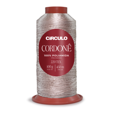 Rolo de linha CORDONÊ prata com etiqueta vermelha e base plástica