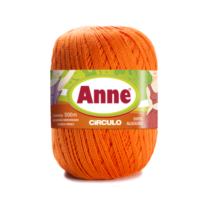 Novelo de fio laranja com etiqueta da marca Anne em verde, branco e castanho
