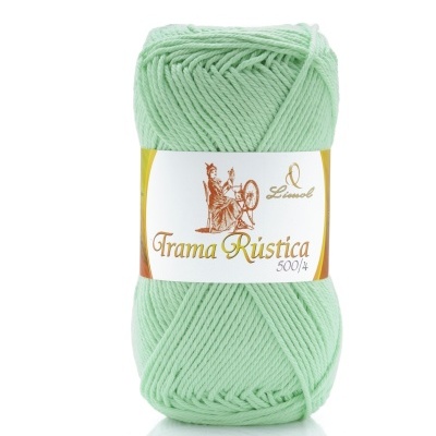 Novelo de lã verde clara com rótulo branco e texto Limol Trama Rústica 500/4