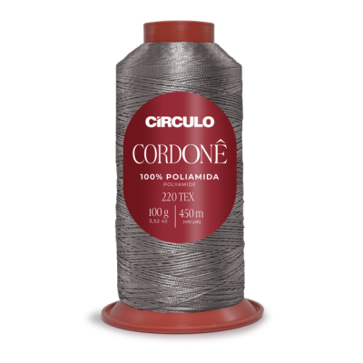 Rolo de linha cinza prateado Círculo Cordonê 100% poliamida com etiqueta vermelha