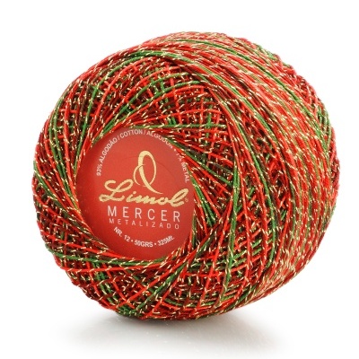 Novelo de fio mercerizado metalizado com etiqueta vermelha