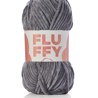 Novelo de lã cinzenta com etiqueta FLUFFY.