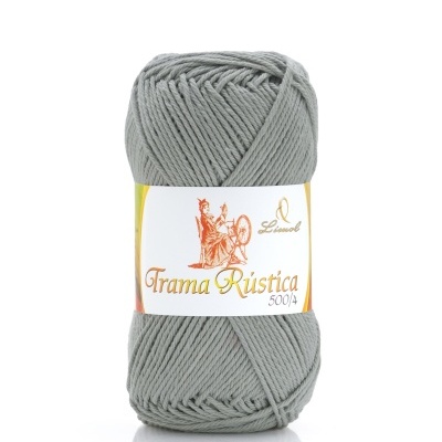 Novelo de lã cinzenta com etiqueta branca e texto Trama Rústica 500/4