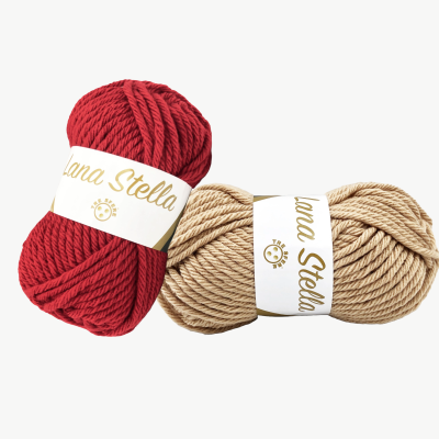 dois novelos de fio grosso vermelho e bege com etiquetas Lana Stella
