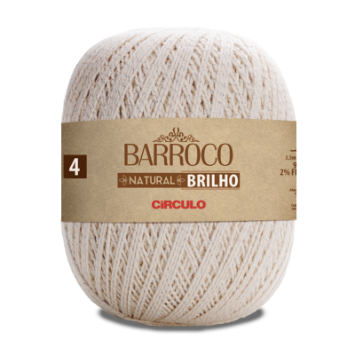 Novelo de fio branco com rótulo 'BARROCO NATURAL BRILHO CÍRCULO'