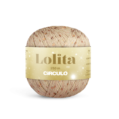 Novelo de fio bege com lantejoulas douradas e rótulo dourado LOLITA 250 m CÍRCULO