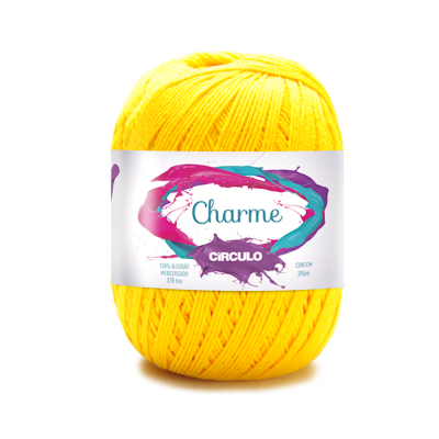 Novelo de fio amarelo com etiqueta da marca Charme CIRCULO