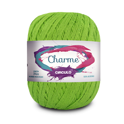 Novelo de lã verde claro Charme Circulo com etiqueta colorida em fundo branco