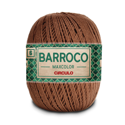 Novelo de fio castanho com rótulo verde e creme com texto '6 BARROCO MAXCOLOR CÍRCULO'