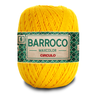 Novelo de fio amarelo com rótulo verde e branco 'BARROCO MAXCOLOR CIRCULO'.