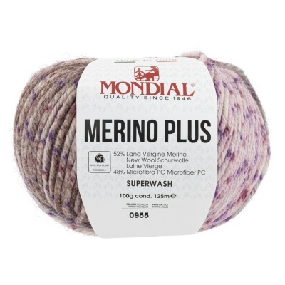 Novelo de lã Merino Plus com mistura cinza e lilás e etiqueta branca da marca Mondial