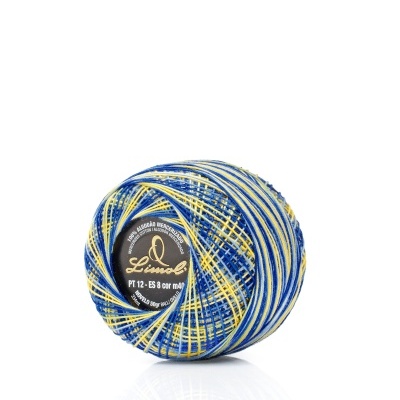 Rolo de linha azul, branco e amarelo com etiqueta preta